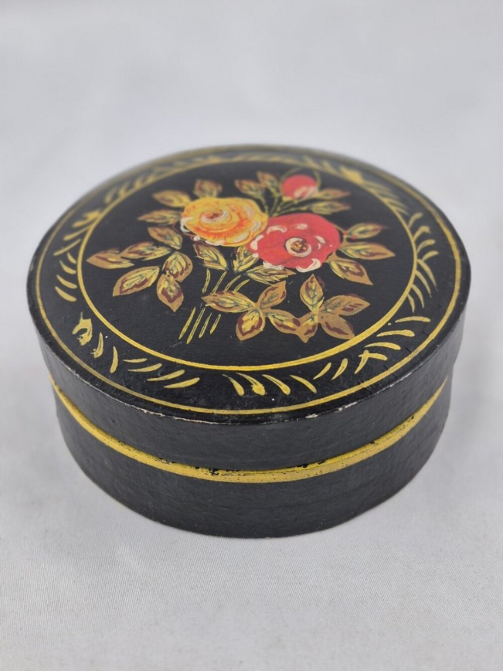 Occupied Japan Papier-Mâché Lacquer Trinket Box Hand-Painted Floral Folk Art